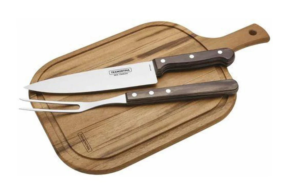 Jogo Churrasco Inox 3 Peças Poliwood Castanho