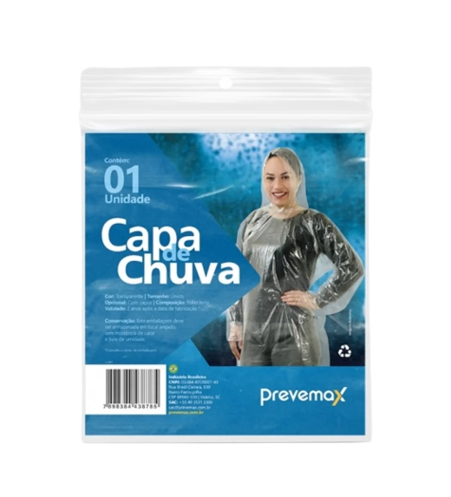 Capa de Chuva Polietileno 1,20M S/Elastico C/Capuz Tam Unico