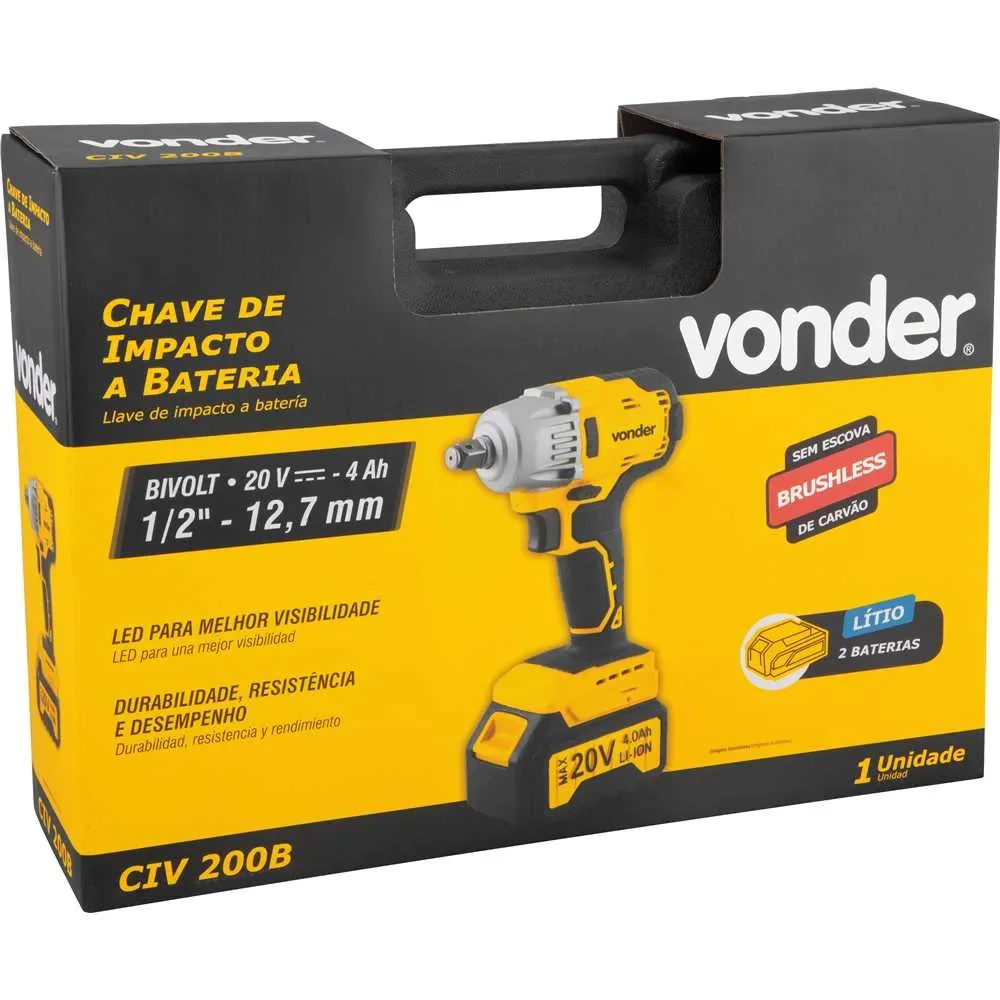 Chave de impacto a bateria 20V encaixe de 1/2" com 2 baterias - CIV 200B 110V/220V