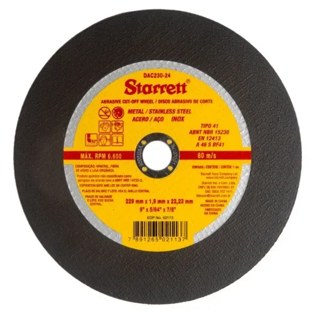 Disco de Corte de 9 Pol. para Aço Inox Dac230-24 - Starret