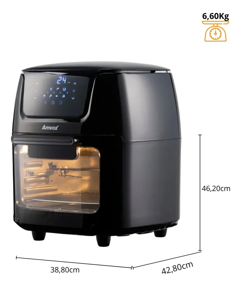 Fritadeira Elétrica Air Fryer Amvox 12 L 1700 W Painel Digital Iluminação Suporte Frango