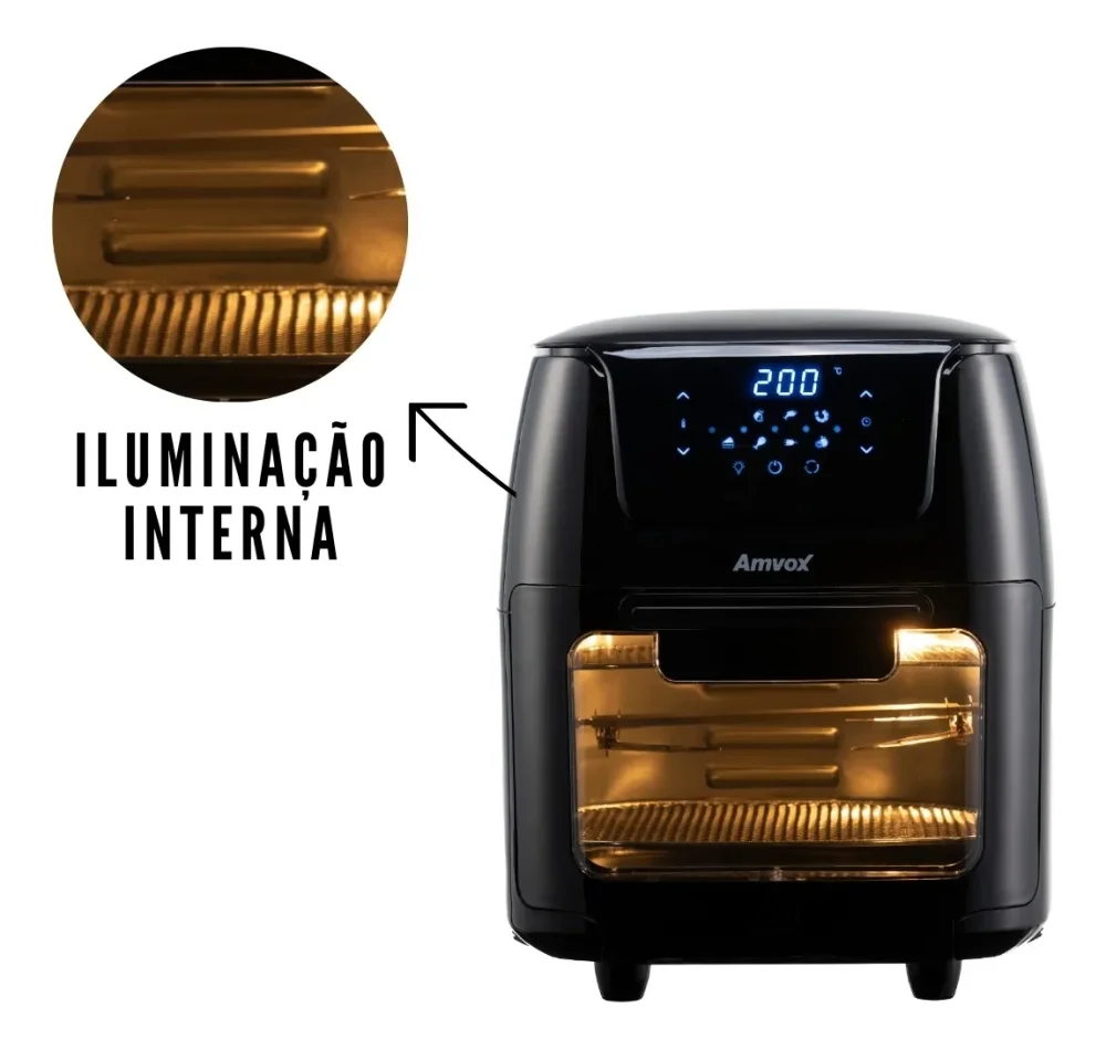 Fritadeira Elétrica Air Fryer Amvox 12 L 1700 W Painel Digital Iluminação Suporte Frango