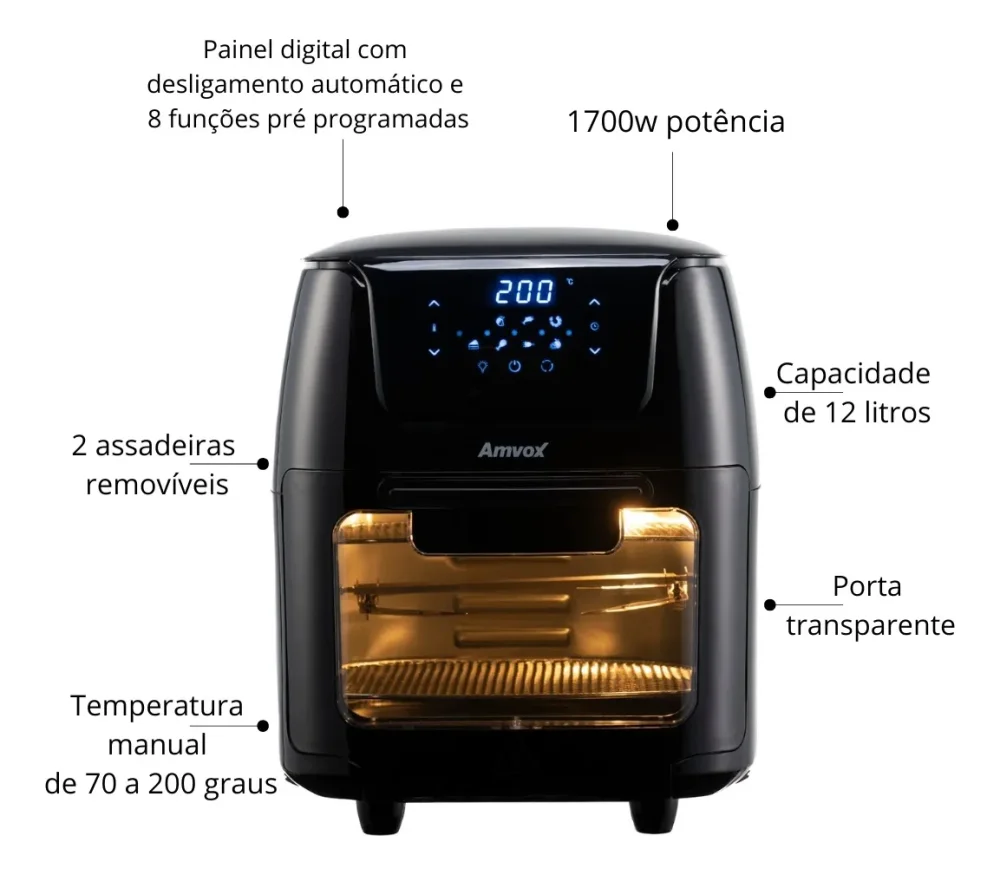 Fritadeira Elétrica Air Fryer Amvox 12 L 1700 W Painel Digital Iluminação Suporte Frango