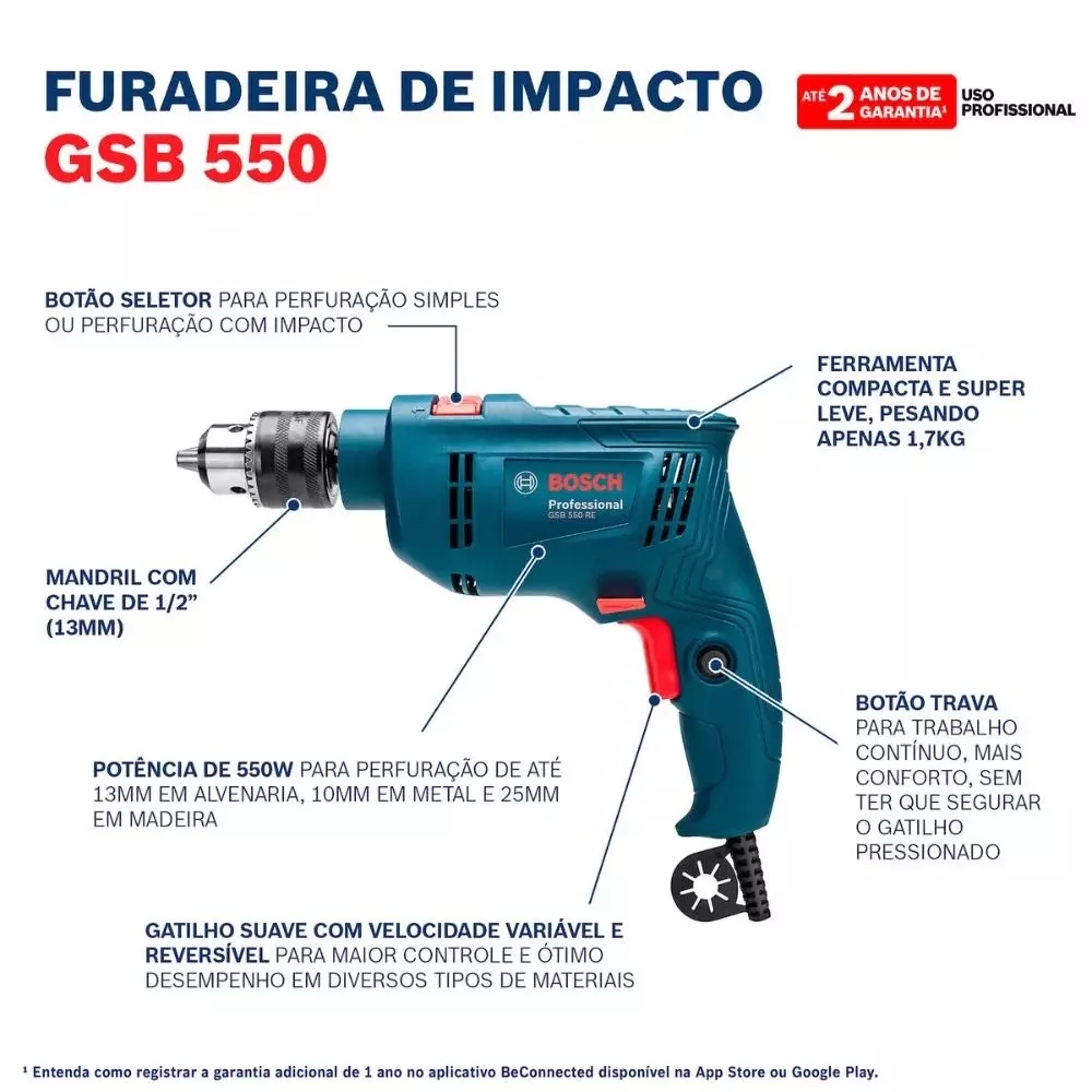 Furadeira de Impacto 1/2" 550W Gsb 550 Re + Jogo de Brocas 220V – Bosch