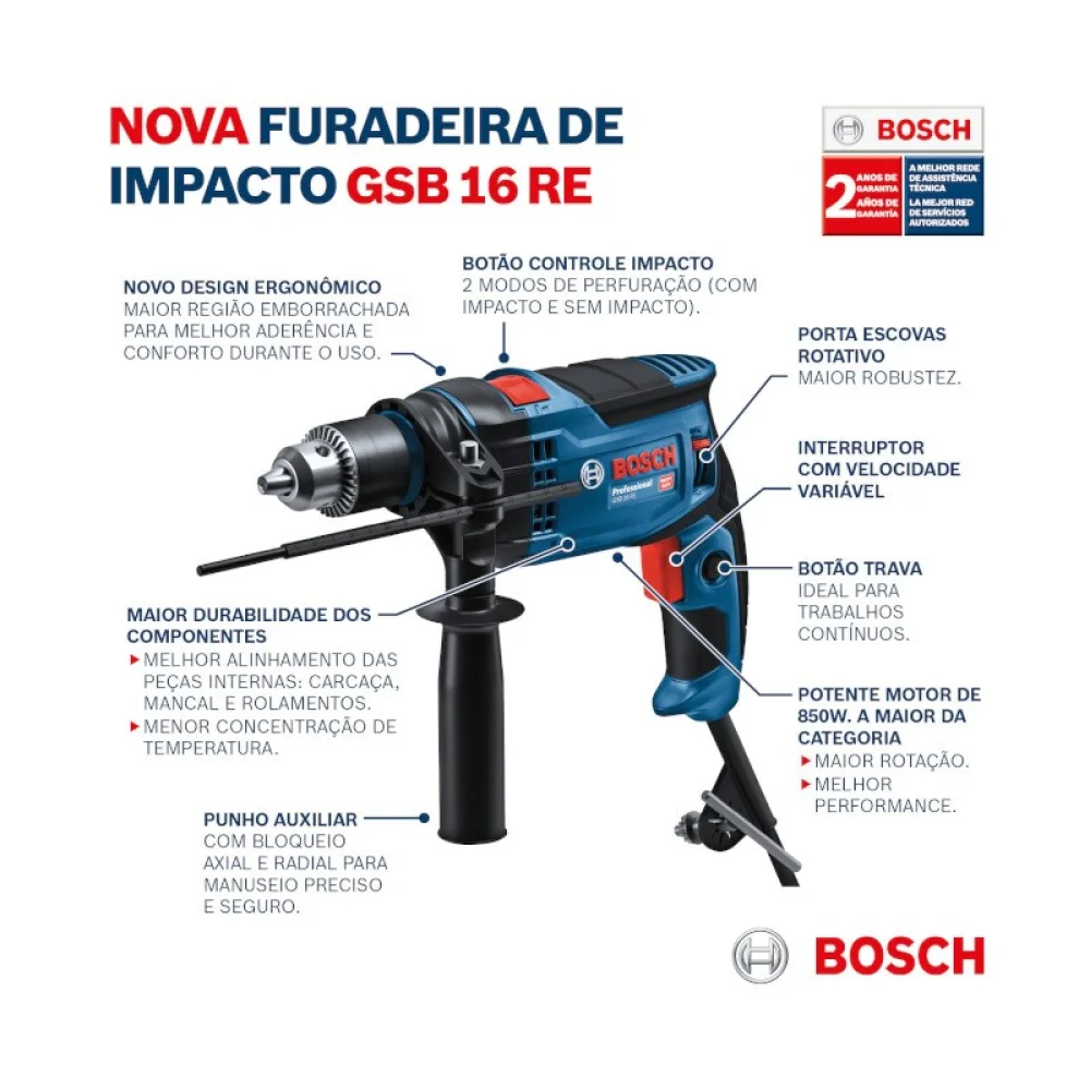 Furadeira de Impacto 1/2 850W Gsb 16 Re 220V – Bosch