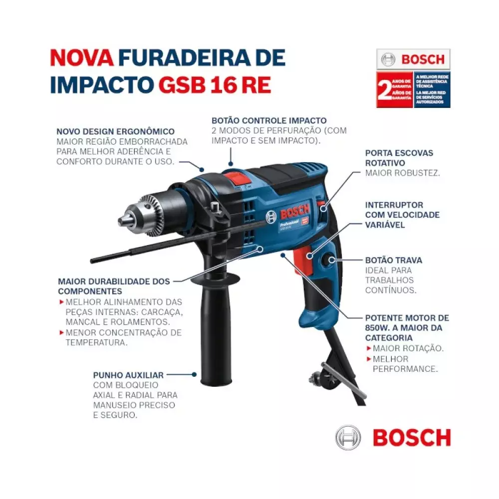 Furadeira de Impacto 1/2" 850W Gsb 16 Re 220V – Bosch