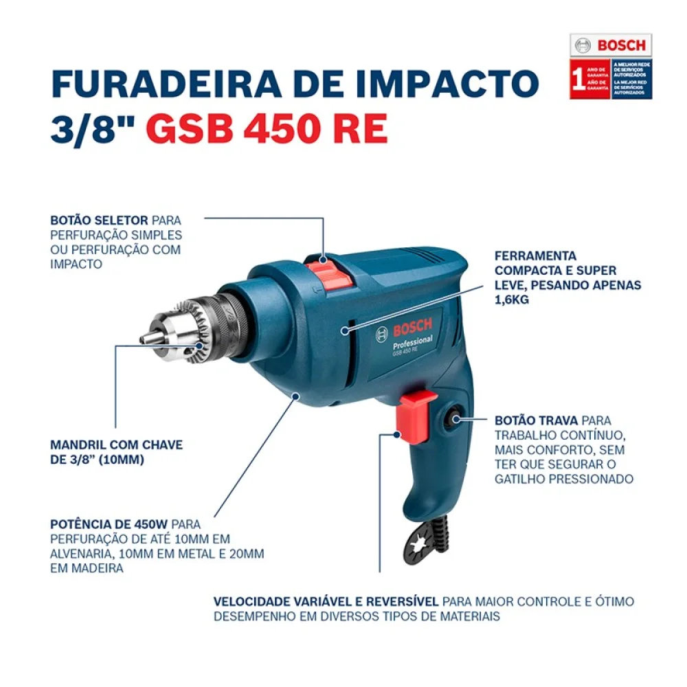 Furadeira de Impacto 3/8 450W 220V Reversível Gsb 450 Re Bosch
