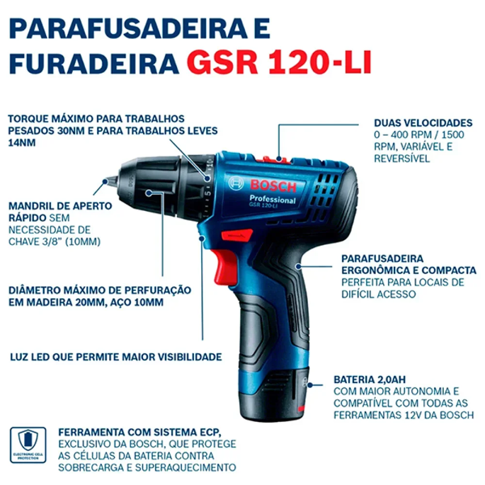 Furadeira/ Parafusadeira 3/8" 12V Bivolt com 2 Baterias e Acessórios Gsr 120-Li Bosch