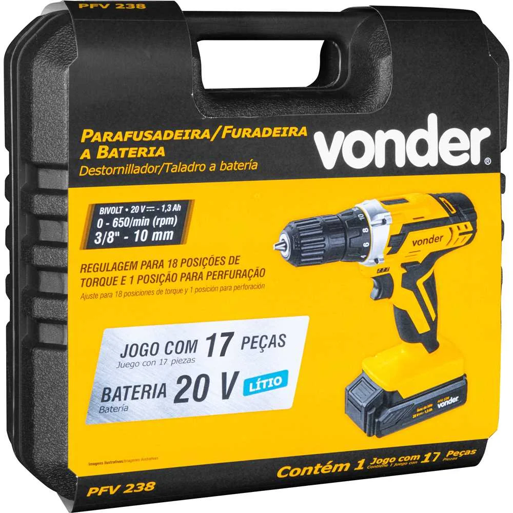 Furadeira Parafusadeira 3/8" a Bateria 20V Pfv 238 com Acessórios Vonder
