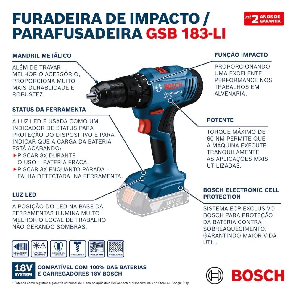 Furadeira Parafusadeira de Impacto 1/2 Bosch Gsb 183-Li 18V 2 Baterias + Carregador