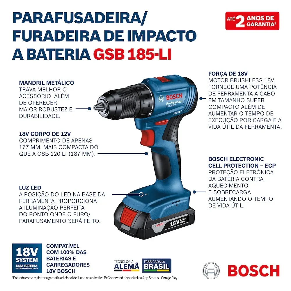 Furadeira Parafusadeira de Impacto 1/2 Gsb185-Li 18V com Duas Baterias - Bosch