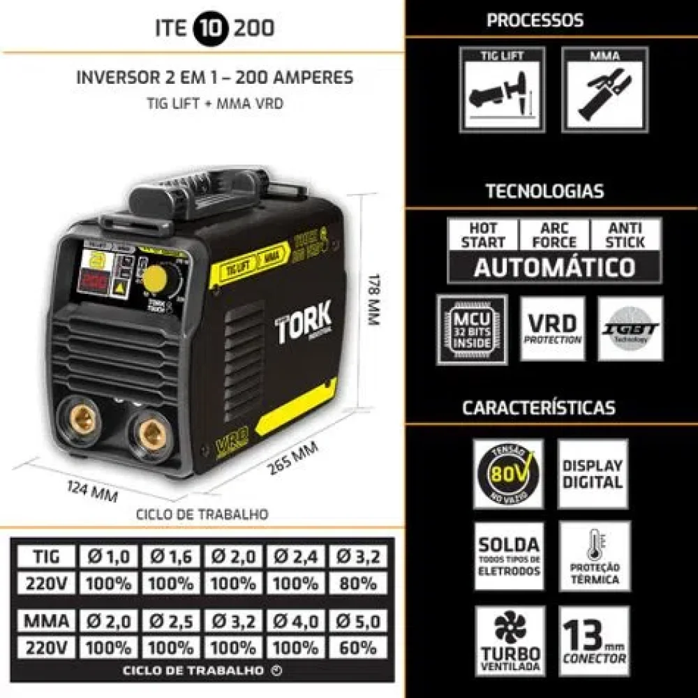 Inversora de Solda Ite 10200 Ac/Dc 200V Tig/Mma Tork