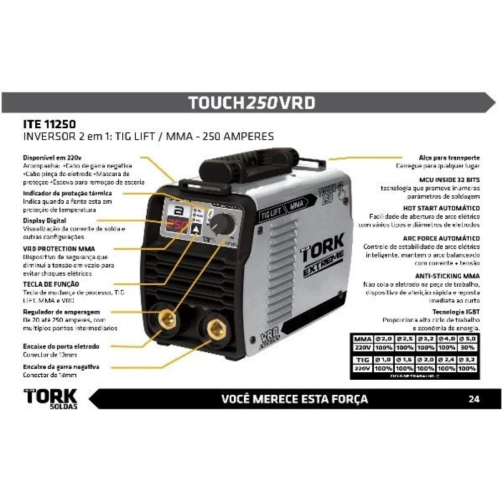 Inversora Touch 250A (Tig/eletrodo)- Tork 220V