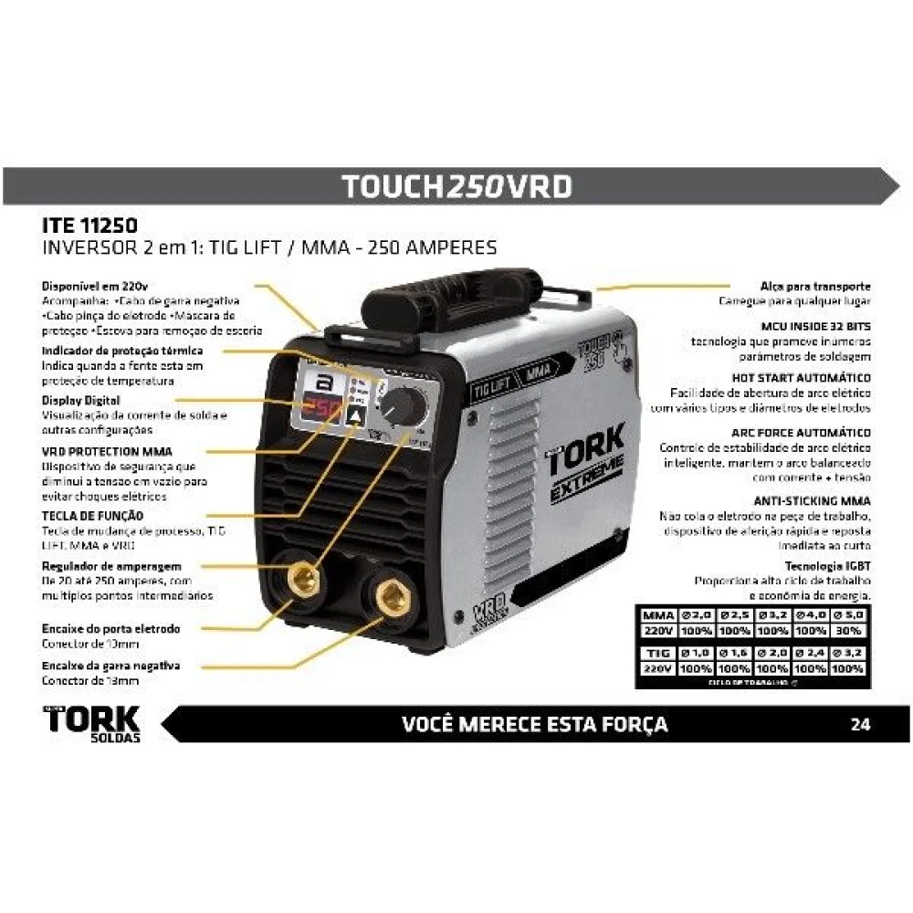 Inversora Touch 250A (Tig/Eletrodo)- Tork 220V