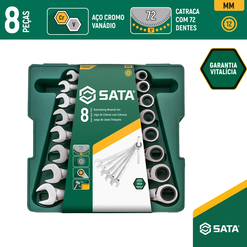 Jogo de Chaves Combinadas Catraca de 8 a 19Mm com 8 Peç - Sata