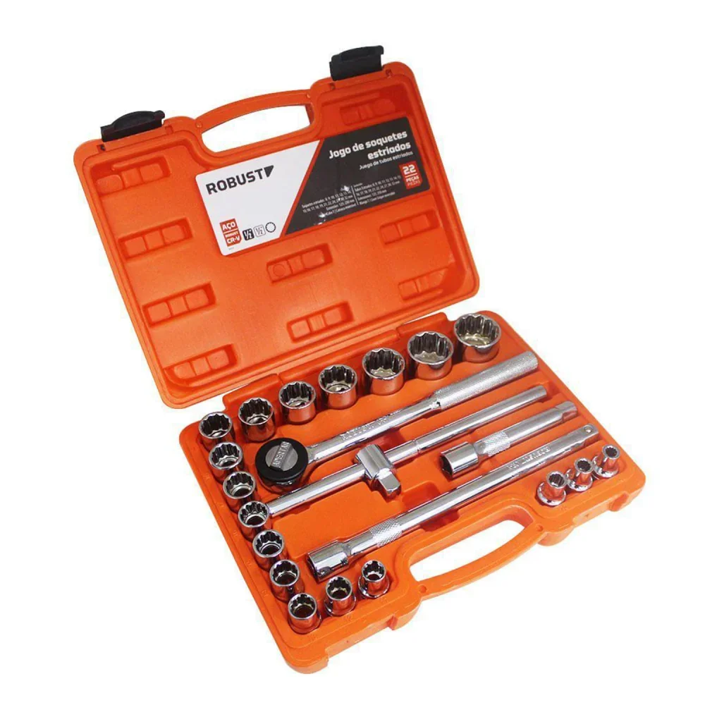 Jogo de Soquete Estriado Encaixe 1/2 22 Peç - Robust