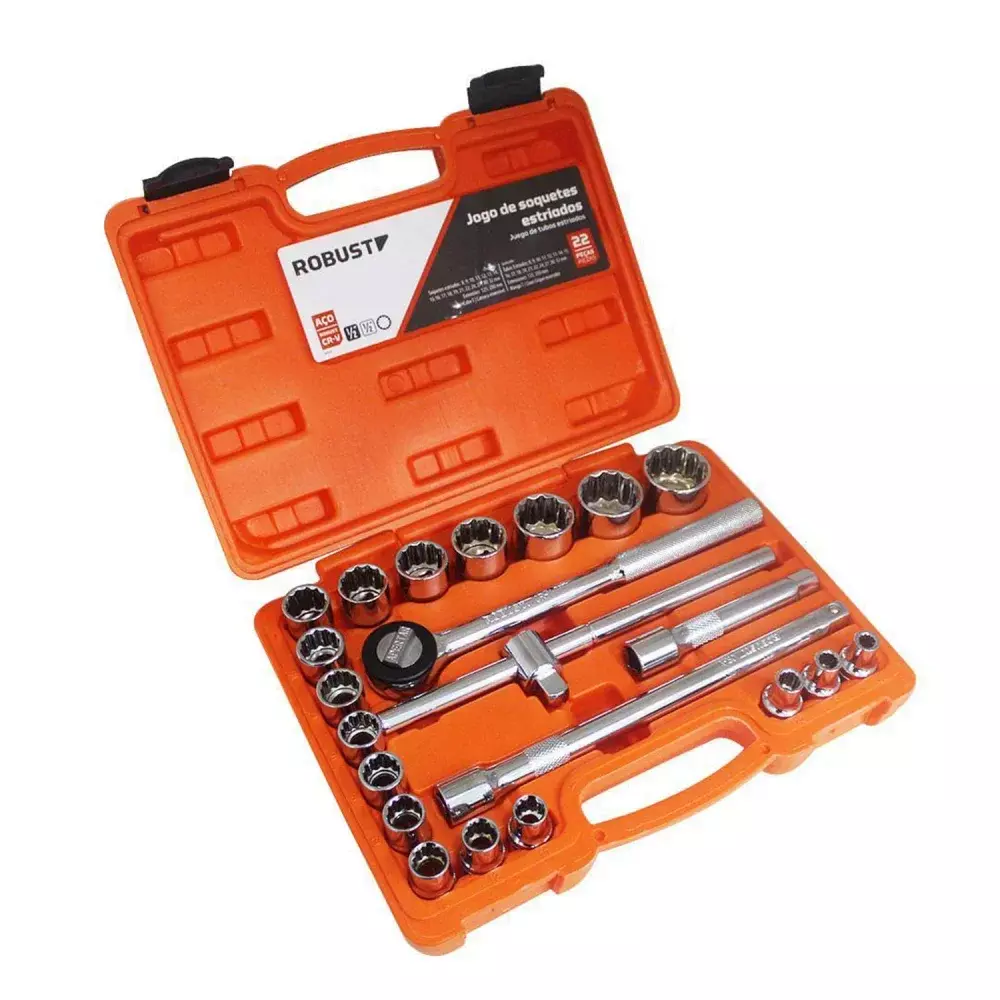 Jogo de Soquete Estriado Encaixe 1/2'' 22 Peças - Robust