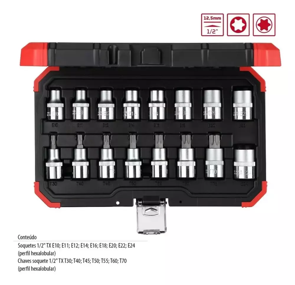 Jogo de Soquetes Torx 1/2” 16 Peças Macho/Fêmea Gedore Red