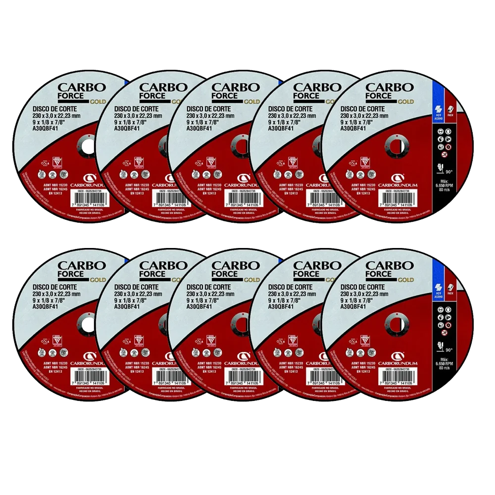 KIT 10 DISCOS DE CORTE CARBOFORCE CARBORUNDUM 9 X 1/8 X 7/8
