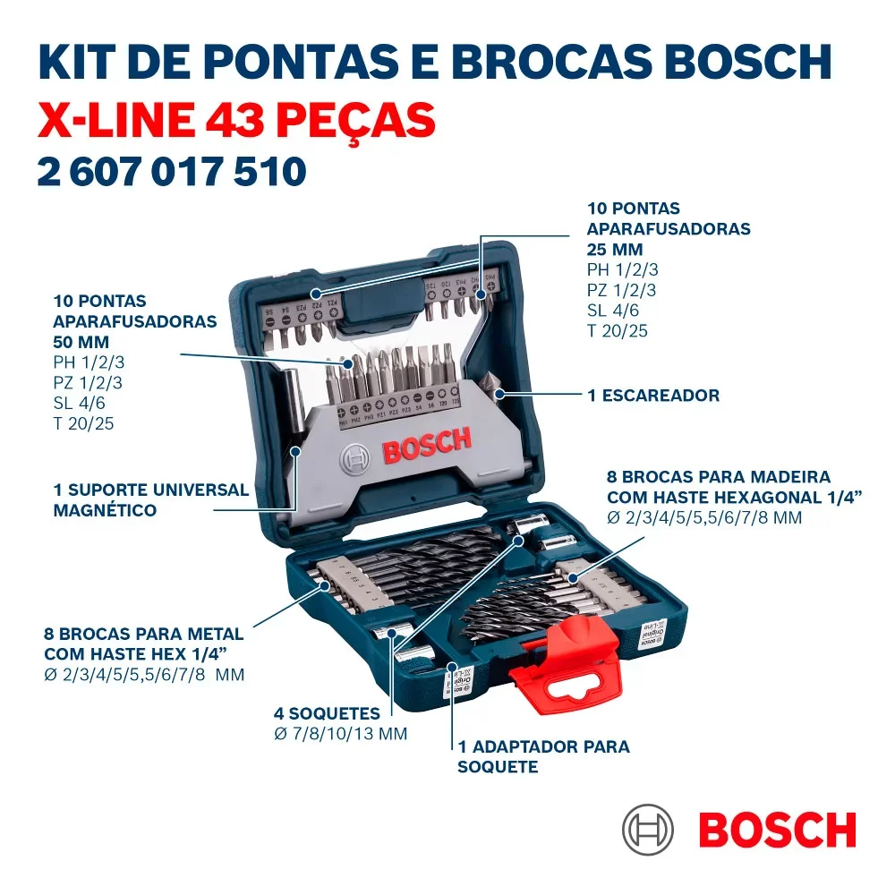 Kit de Pontas e Brocas para Parafusar e Perfurar com 43 Peças e Maleta - Bosch-2607017510-000