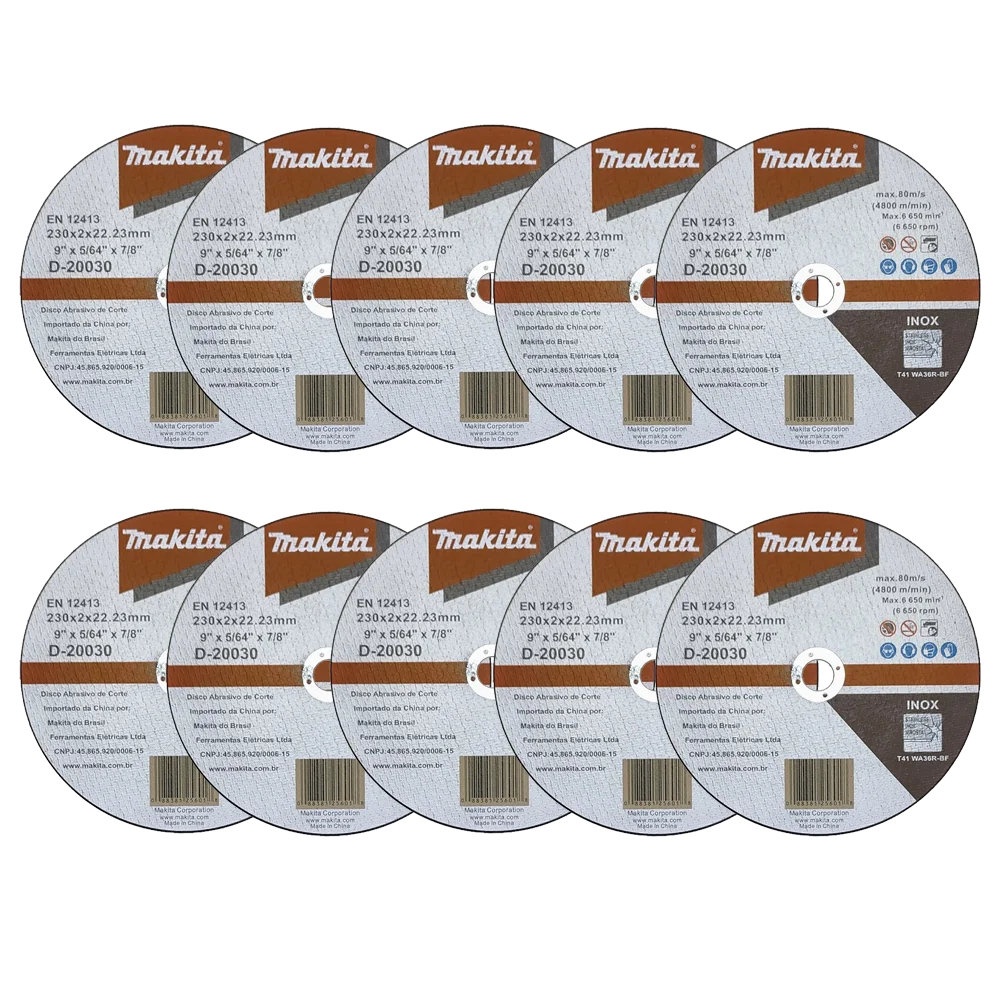 MKP Kit 10 Discos de Corte Makita D-20030 9" x 5/64" x 7/8" para Aço Inox