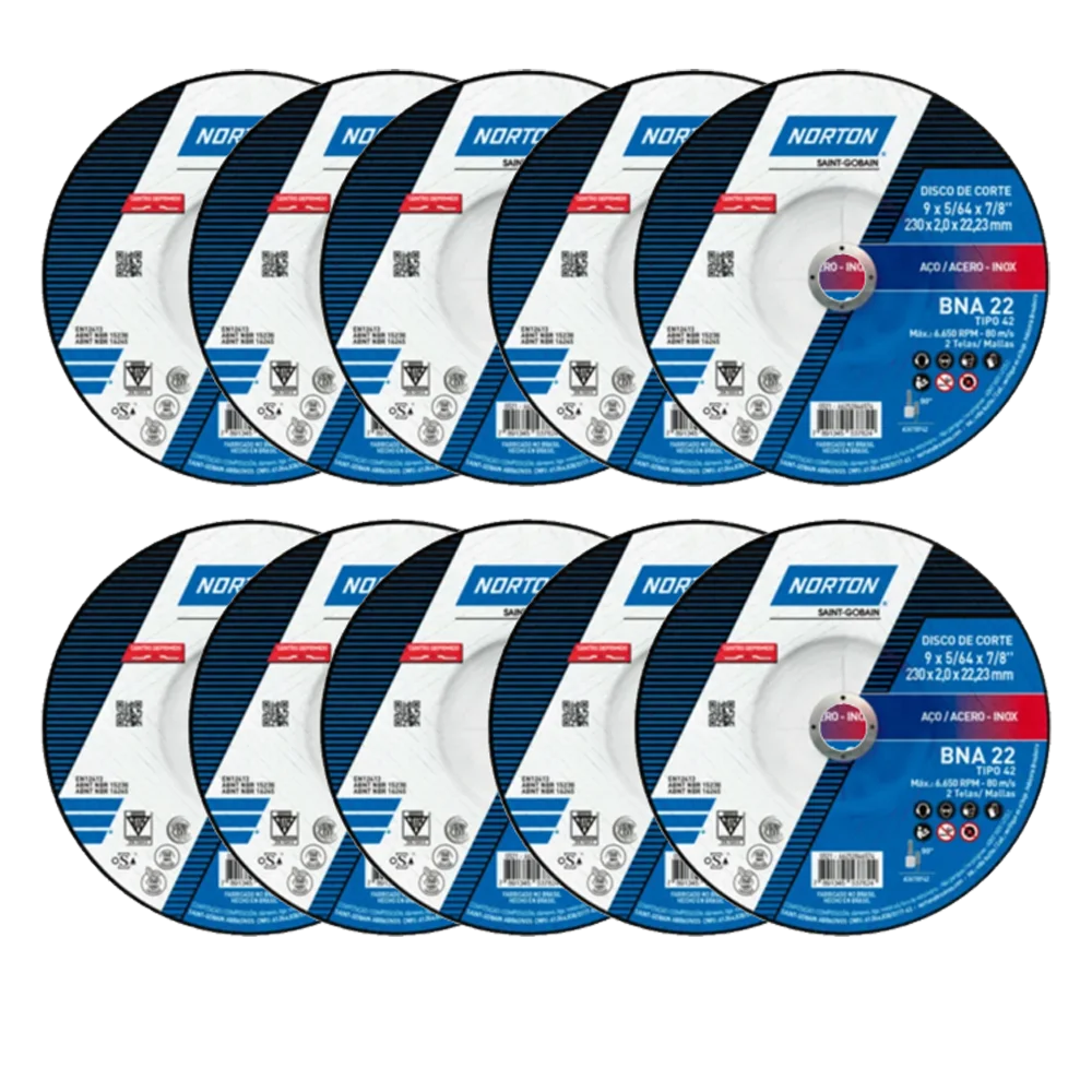 MKP Kit 10 Discos de Corte Norton BDA 9" x 2,0 mm x 7/8" para Aço