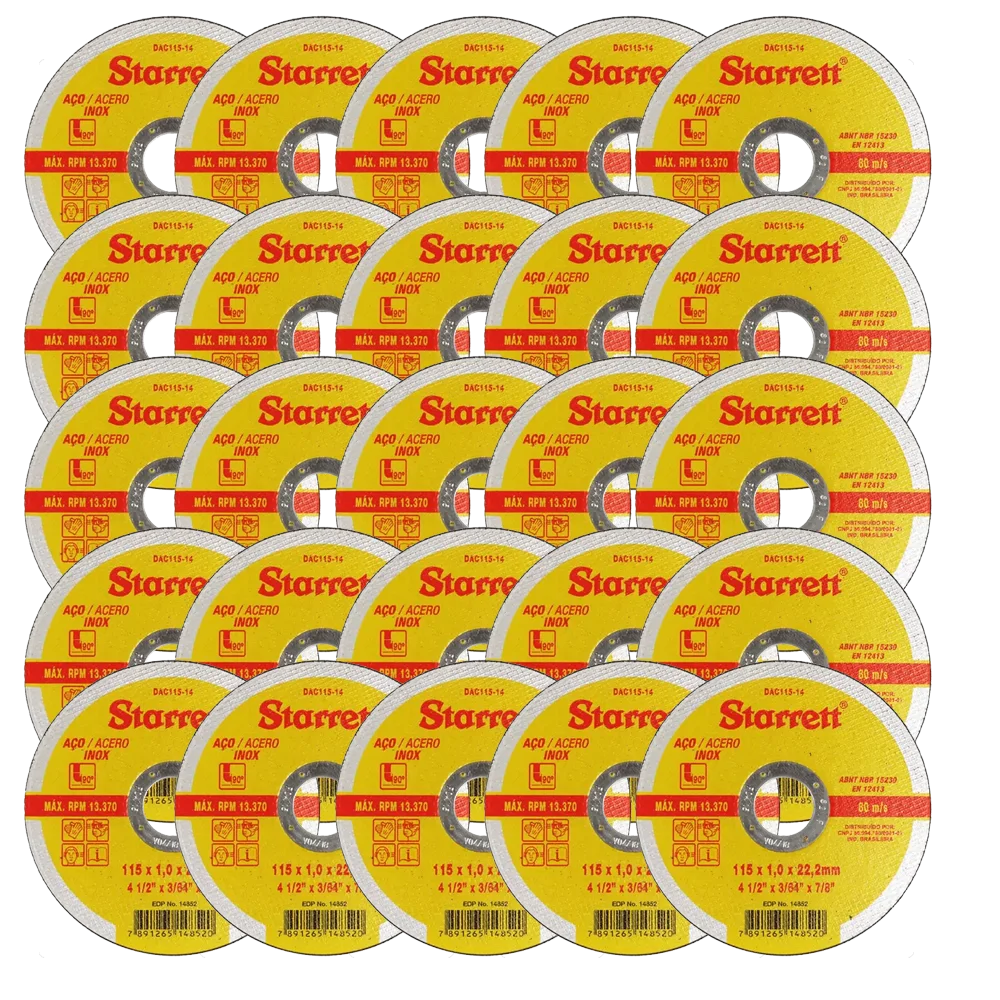 MKP Kit 25 Discos de Corte Starrett DAC115-14 4.1/2" x 1,0 mm x 7/8" para Aço Inox
