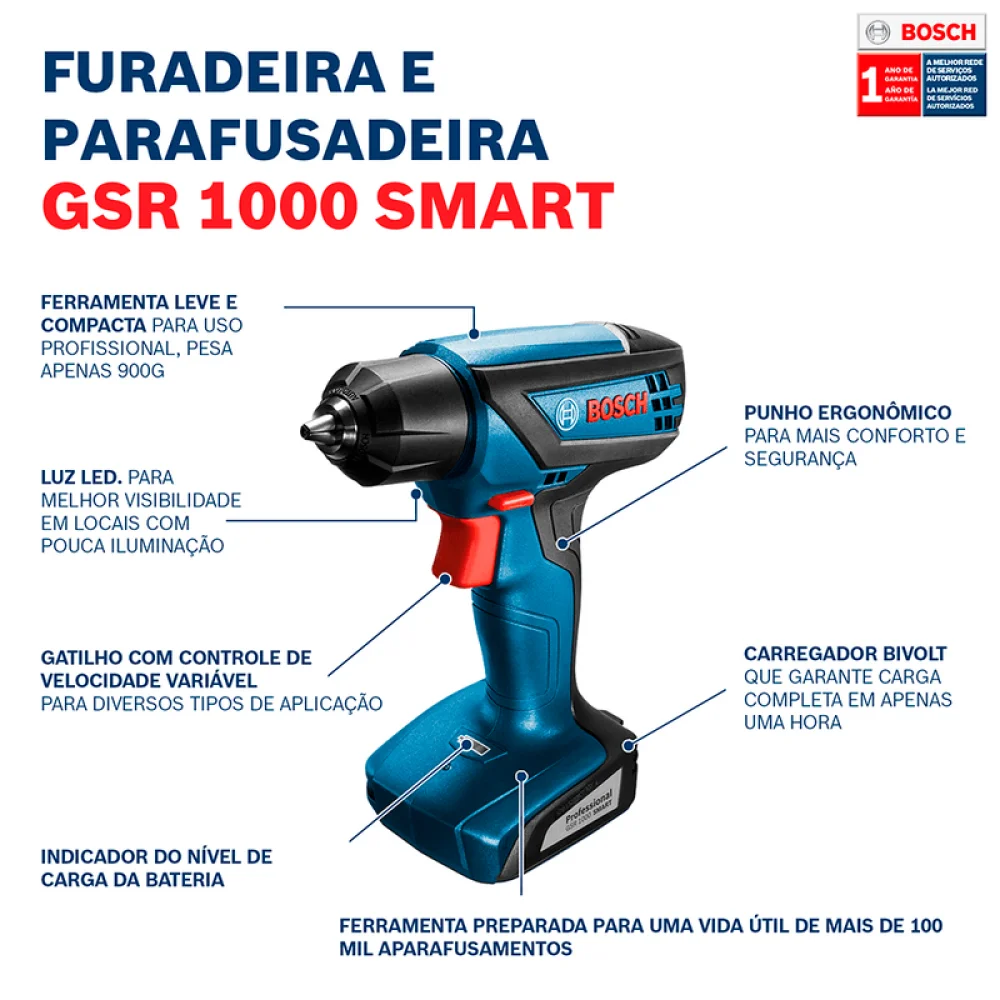 Parafusadeira Furadeira a Bateria Bosch Gsr 1000 Smart, 12V