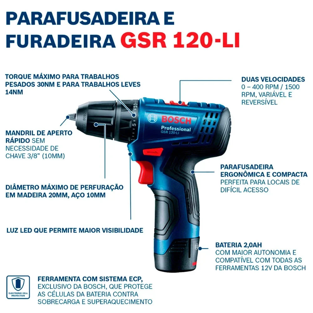Parafusadeira Furadeira a Bateria Bosch Gsr 120-Li, 12V