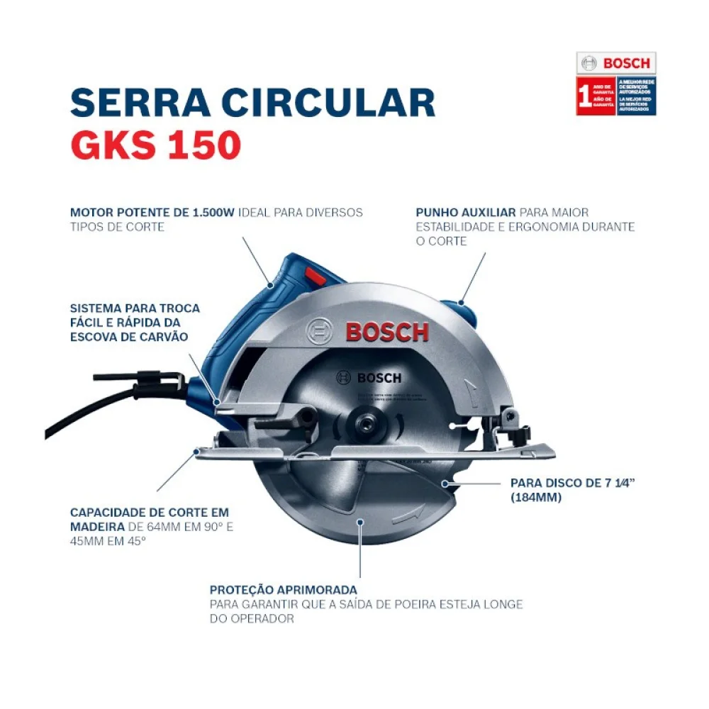 Serra Circular 7.1/4" 1500W 220V com 2 Discos Gks 150 Bosch