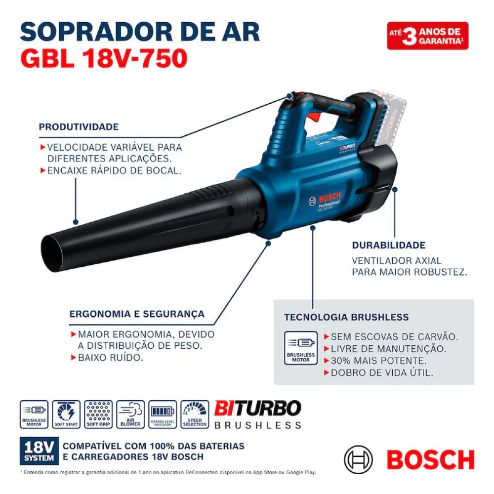 Soprador a Bateria 18V Bosch Gbl 18V-750 Sb Profissional