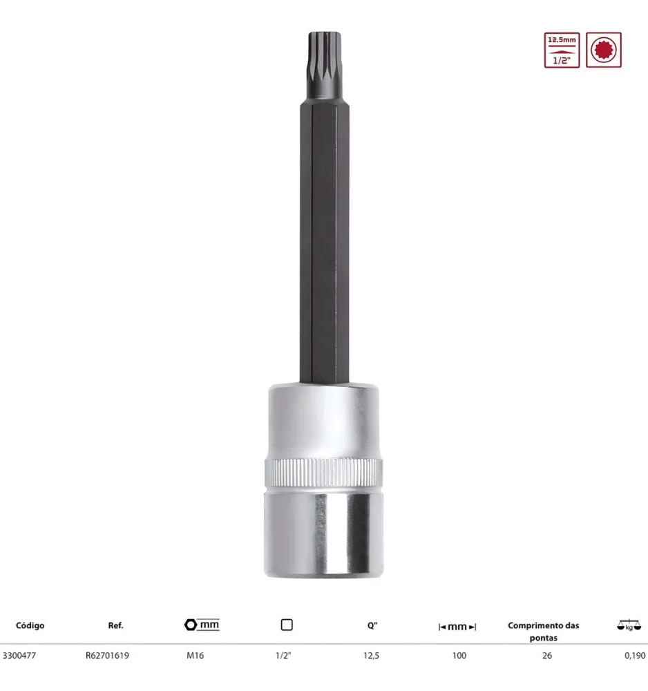 Soquete Multidentado Enc 1/2 Longo M16 / Gedore Red