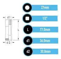 Soquete Estriado Longo de 27Mm Encaixe de 1/2" R61102714 Gedore Red