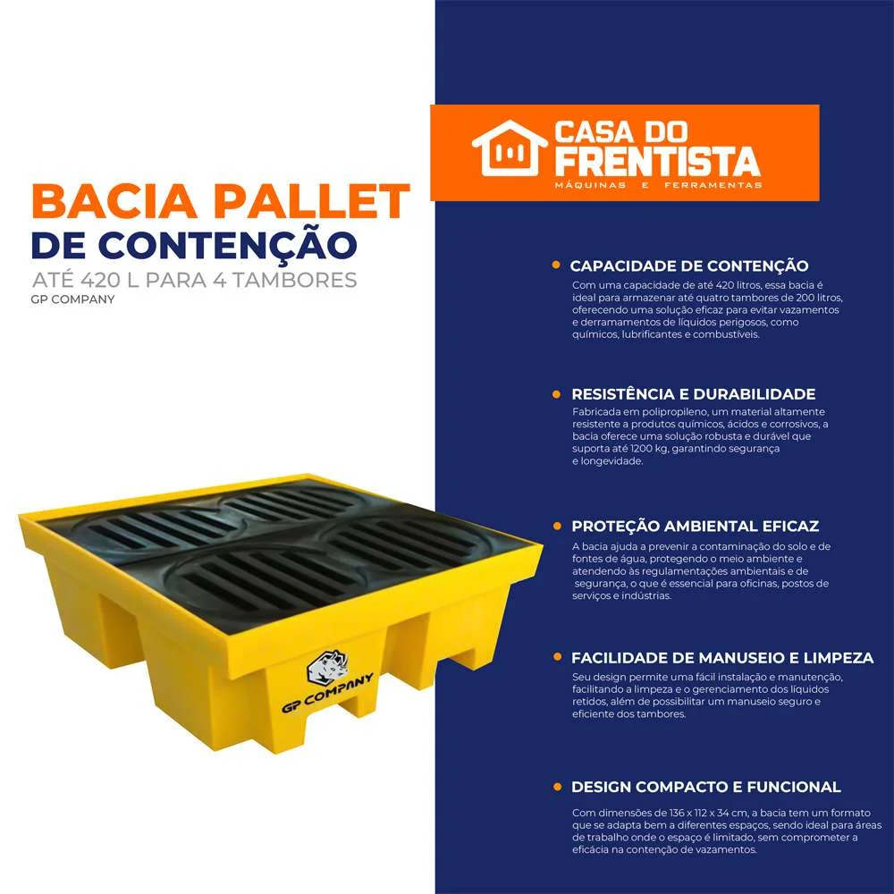 Bacia Pallet de Contenção até 420 L para 4 Tambores