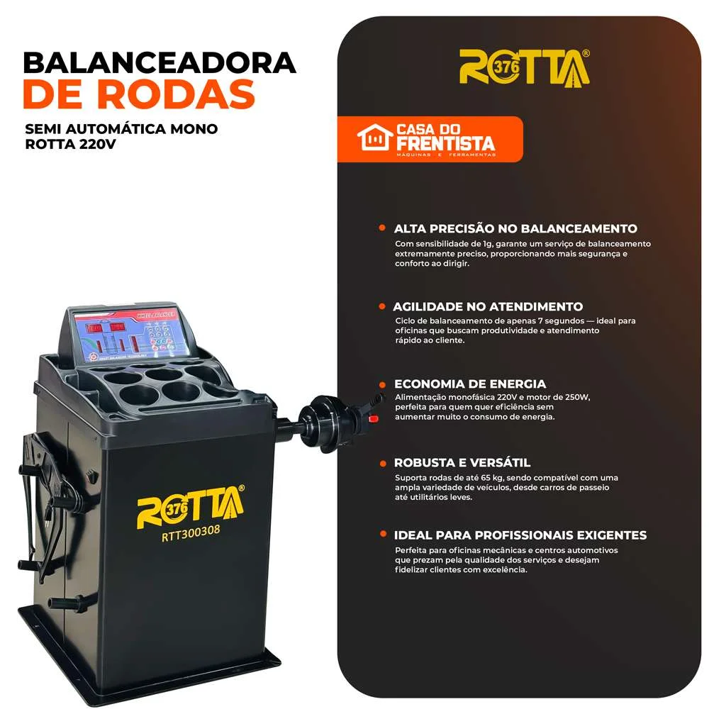Balanceadora de Rodas Semi-Automática Rotta Mono 220V Alta Performance