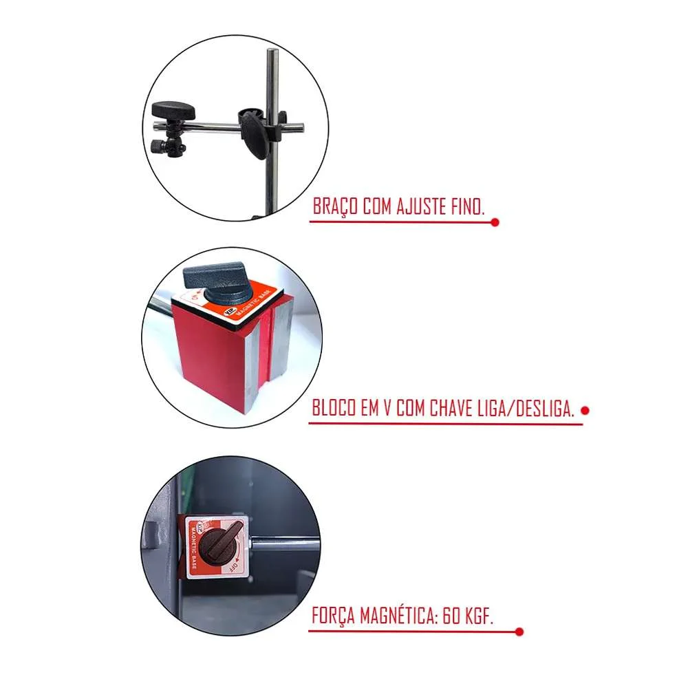 Base Magnética Articulada para Relógio Comparador Pms Alta Precisão e Fixação Robusta Vip