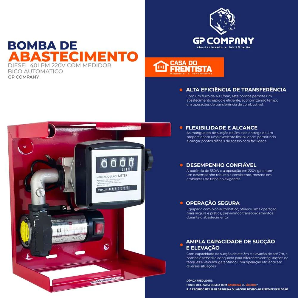 Bomba de Abastecimento Diesel 40Lpm 220V com Medidor e Bico Automatico