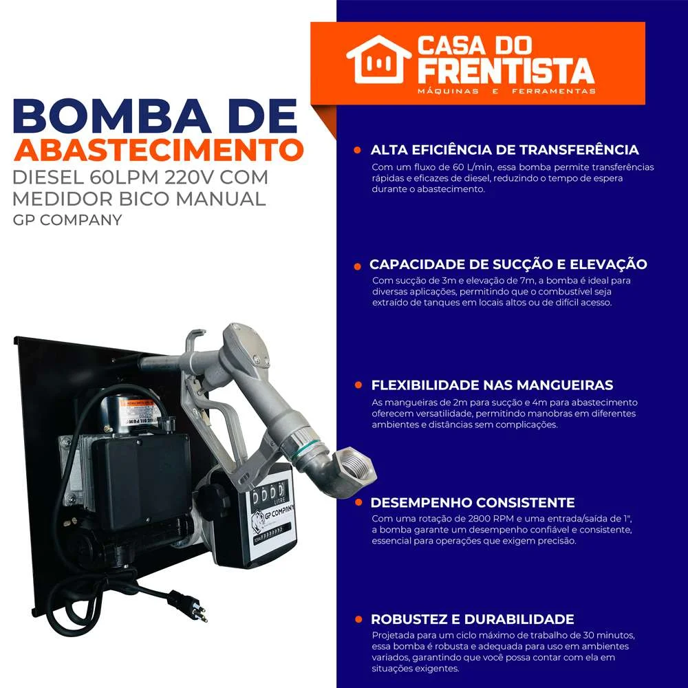 Bomba de Abastecimento Diesel 60Lpm 220V com Medidor Bico Manual