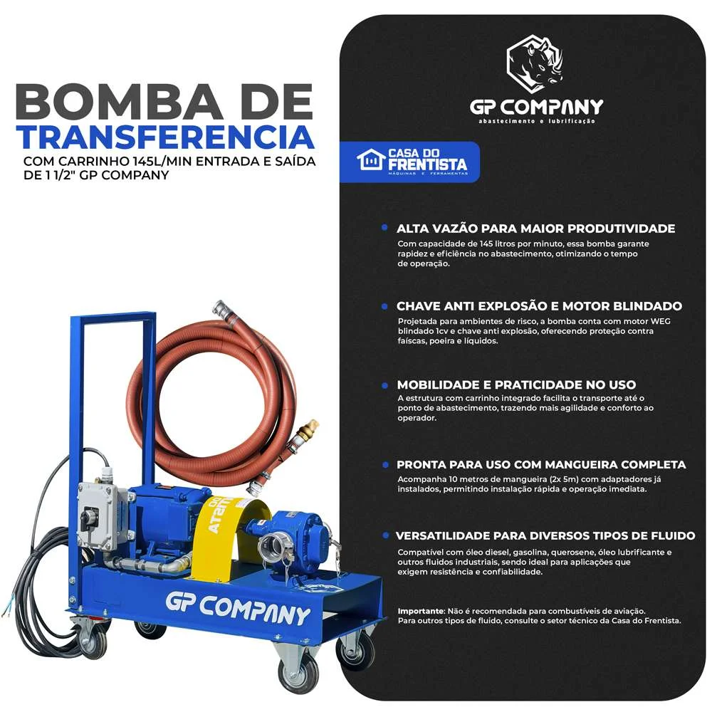 Bomba de Transferencia com Carrinho 145L/Min Entrada e Saída de 1 1/2" Gp Company