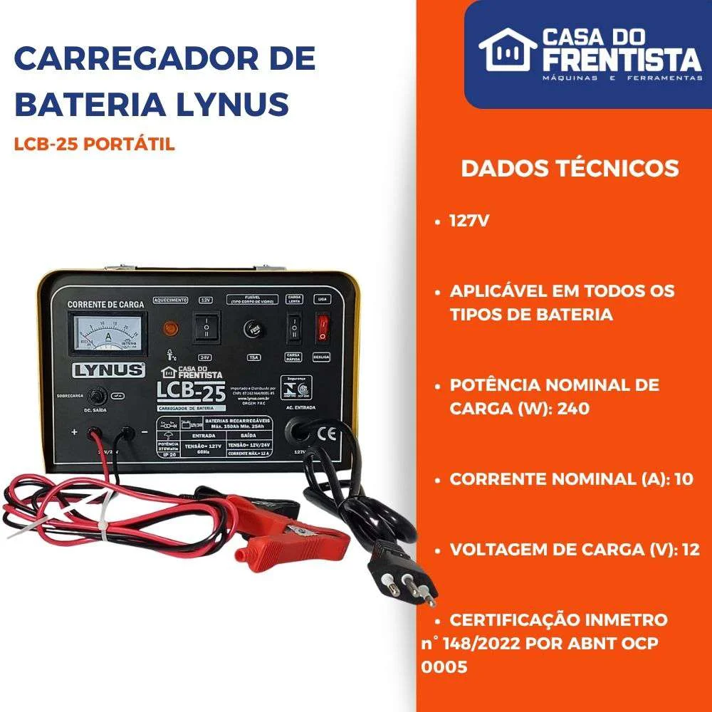 Carregador Bateria 127V Lynus Lcb-25 Portátil 12V