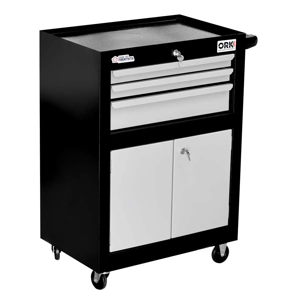 Carrinho de Ferramentas 3 Gavetas 2 Portas Preto Ork-070P
