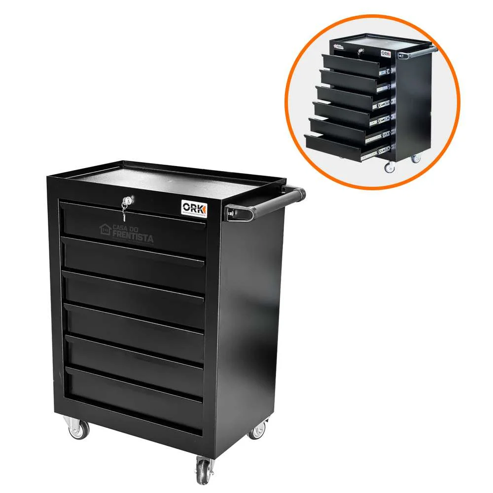 Carrinho de Ferramentas 6 Gavetas Fechado Preto Ork-041P