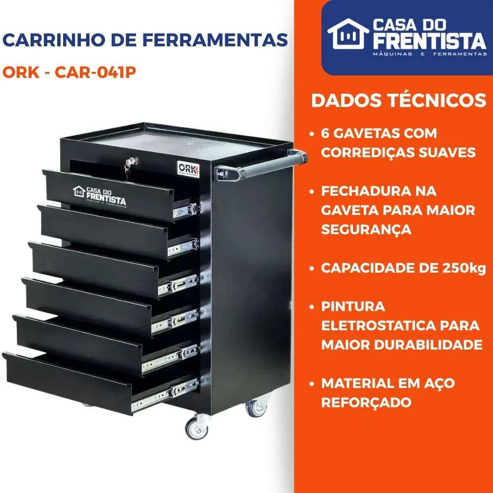 Carrinho de Ferramentas 6 Gavetas Fechado Preto Ork-041P