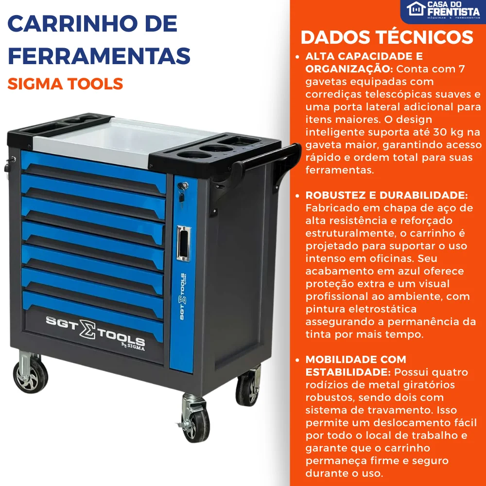 Carrinho de Ferramentas em Aço com 7 Gavetas Azul - Sigmatools