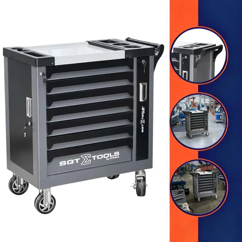 Carrinho de Ferramentas em Aço com 7 Gavetas Cinza e Preto - Sigmatools