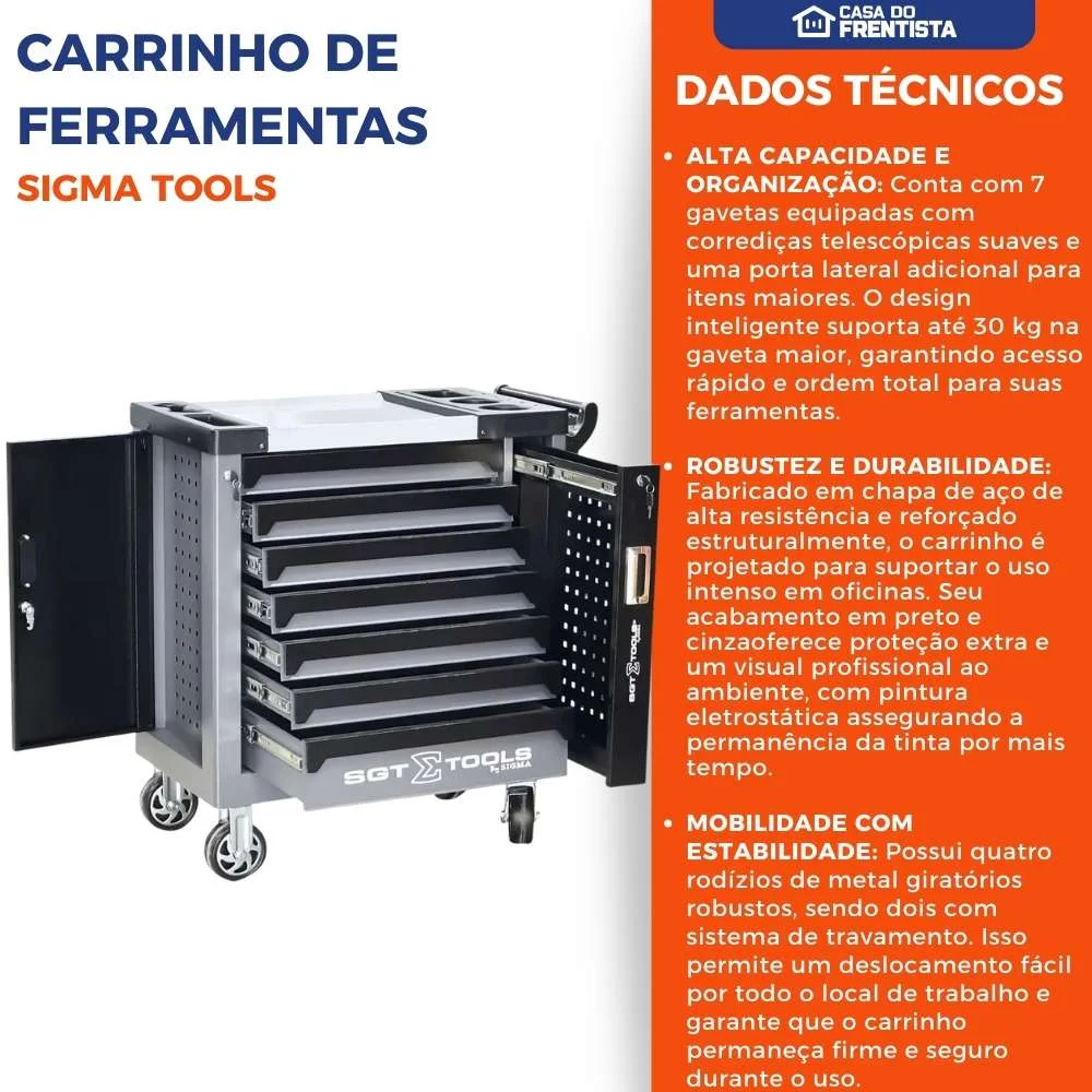 Carrinho de Ferramentas em Aço com 7 Gavetas Cinza e Preto - Sigmatools