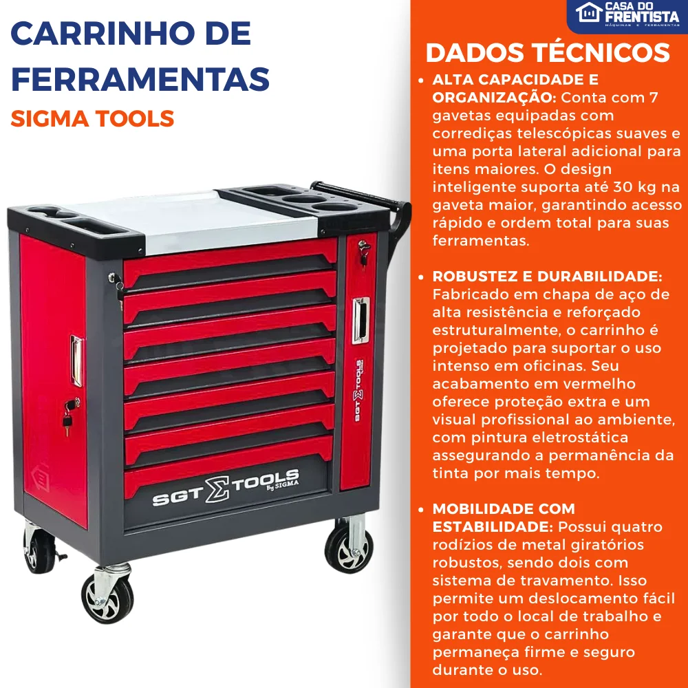 Carrinho de Ferramentas em Aço com 7 Gavetas Vermelho - Sigmatools