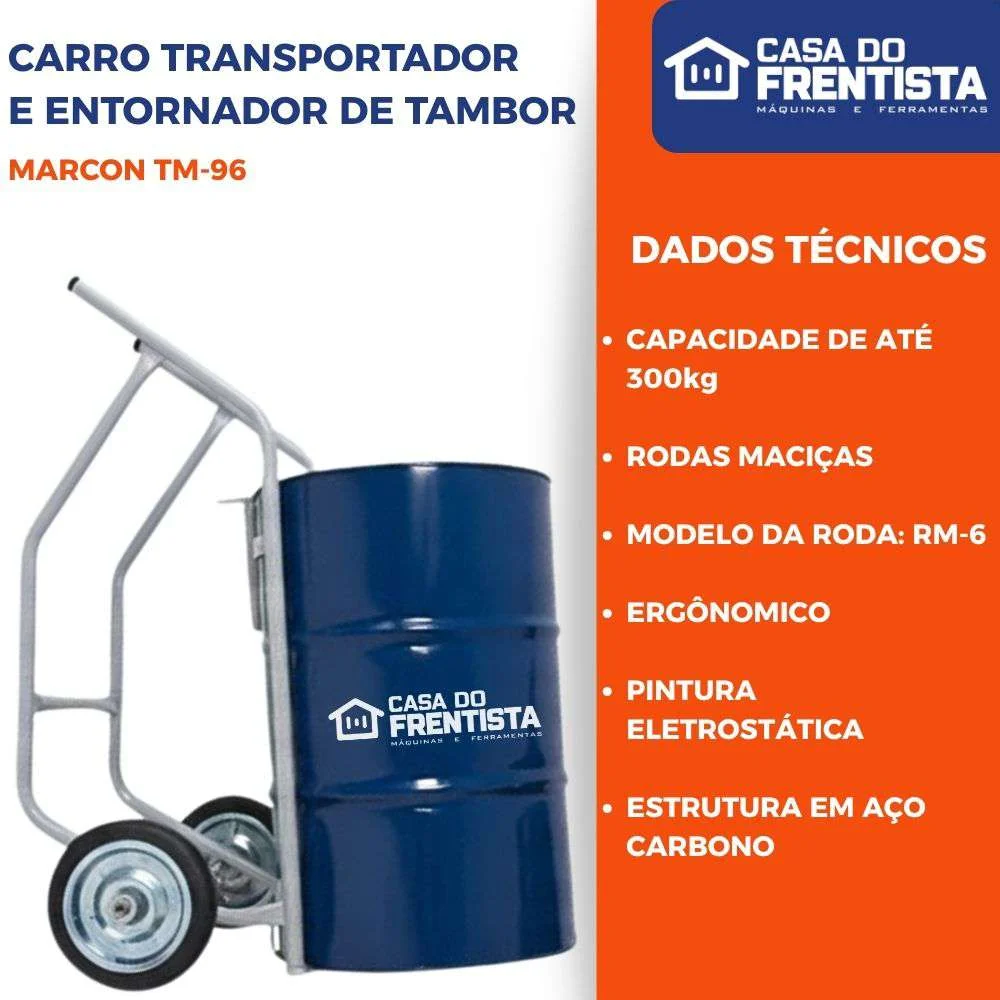 Carro para Transportar e Entornar Tambor 300Kg Tm96 Marcon