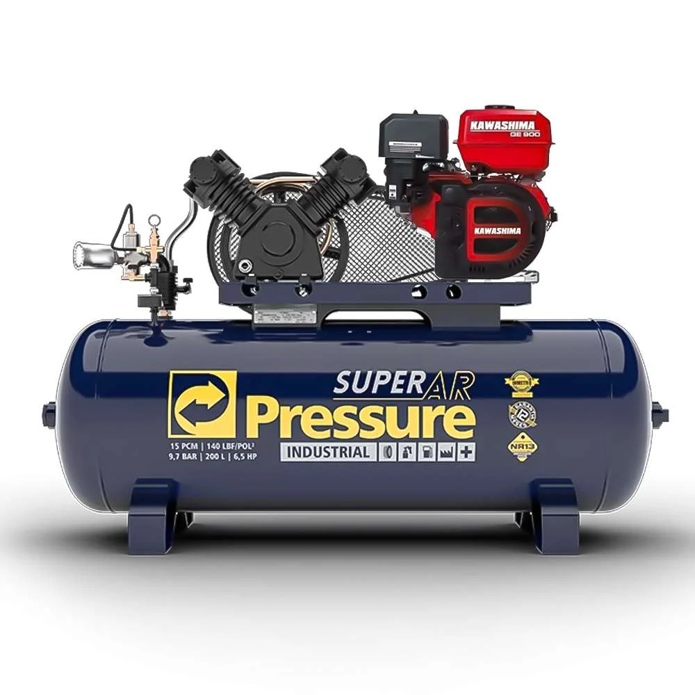 Compressor 15 Pés 200 Lts Super Ar Pressure a Gasolina Motor Kawashima 9Hp