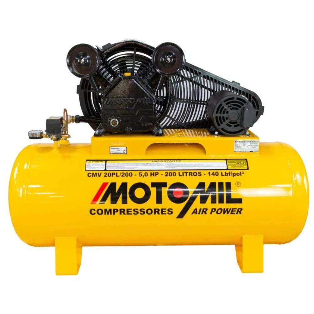 Compressor de Ar 20 Pés 200L 5Hp 220/380V Trifásico Motomil